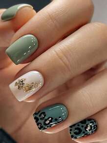 Get Glamorous With 24pcs Short Square Sequined Green Leopard Print Graphic Full Cover Fake Nail Set For Women And Girls Press On Nails Nail Supplies - Multicolor - View 1