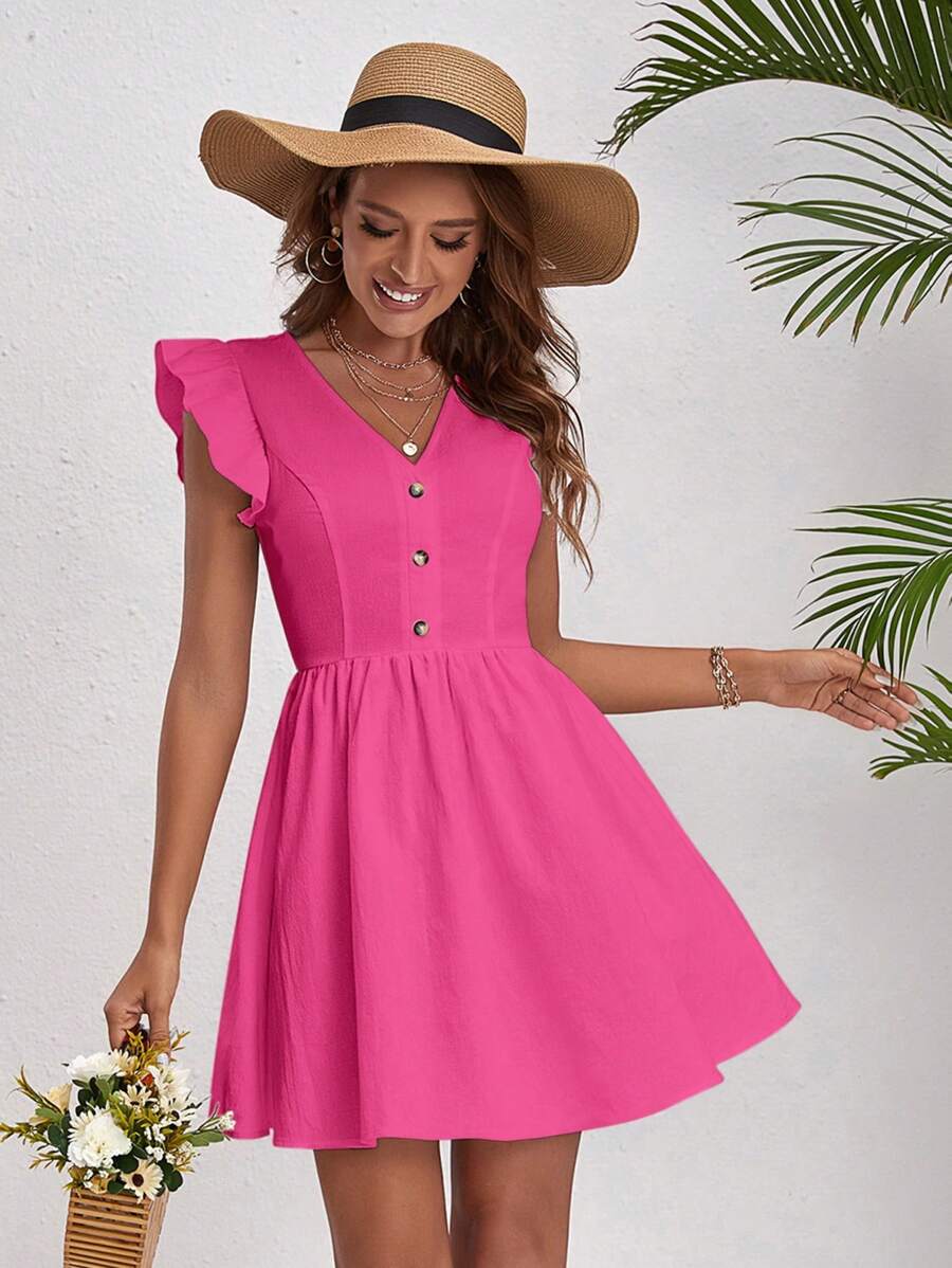 SHEIN VCAY 素色前紐扣荷葉邊洋裝 - 玫紅色 - 查看 1