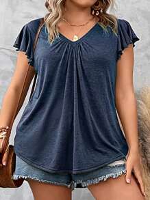 SHEIN LUNE Plus Solid Ruched Butterfly Sleeve Tee
