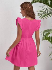 SHEIN VCAY 素色前紐扣荷葉邊洋裝 - 玫紅色 - 查看 2