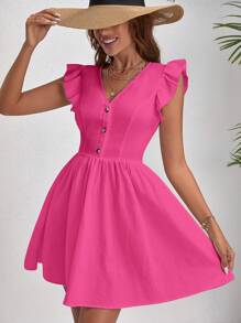 SHEIN VCAY 素色前紐扣荷葉邊洋裝 - 玫紅色 - 查看 3