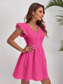 SHEIN VCAY 素色前紐扣荷葉邊洋裝 - 玫紅色 - 查看 4