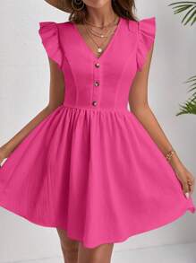 SHEIN VCAY 素色前紐扣荷葉邊洋裝 - 玫紅色 - 查看 5