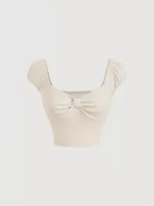 SHEIN MOD Solid Ruched Bustier Crop Tee - Beige - View 1