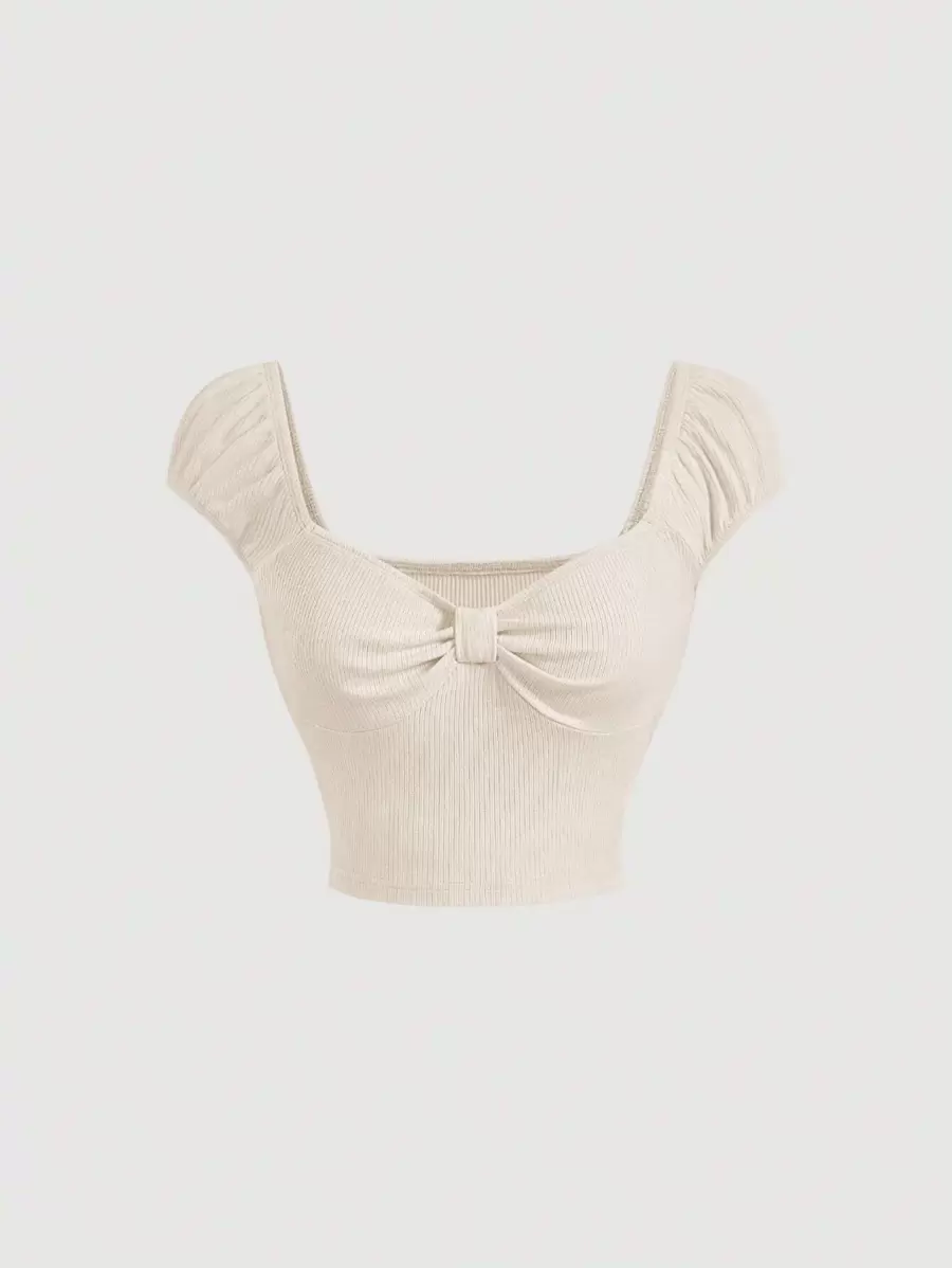 SHEIN MOD Solid Ruched Bustier Crop Tee - Beige - View 1