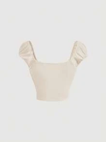 SHEIN MOD Solid Ruched Bustier Crop Tee - Beige - View 2