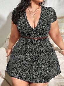 SHEIN VCAY 大码波西米亚风满身植物印花连衣裙（不含腰带）