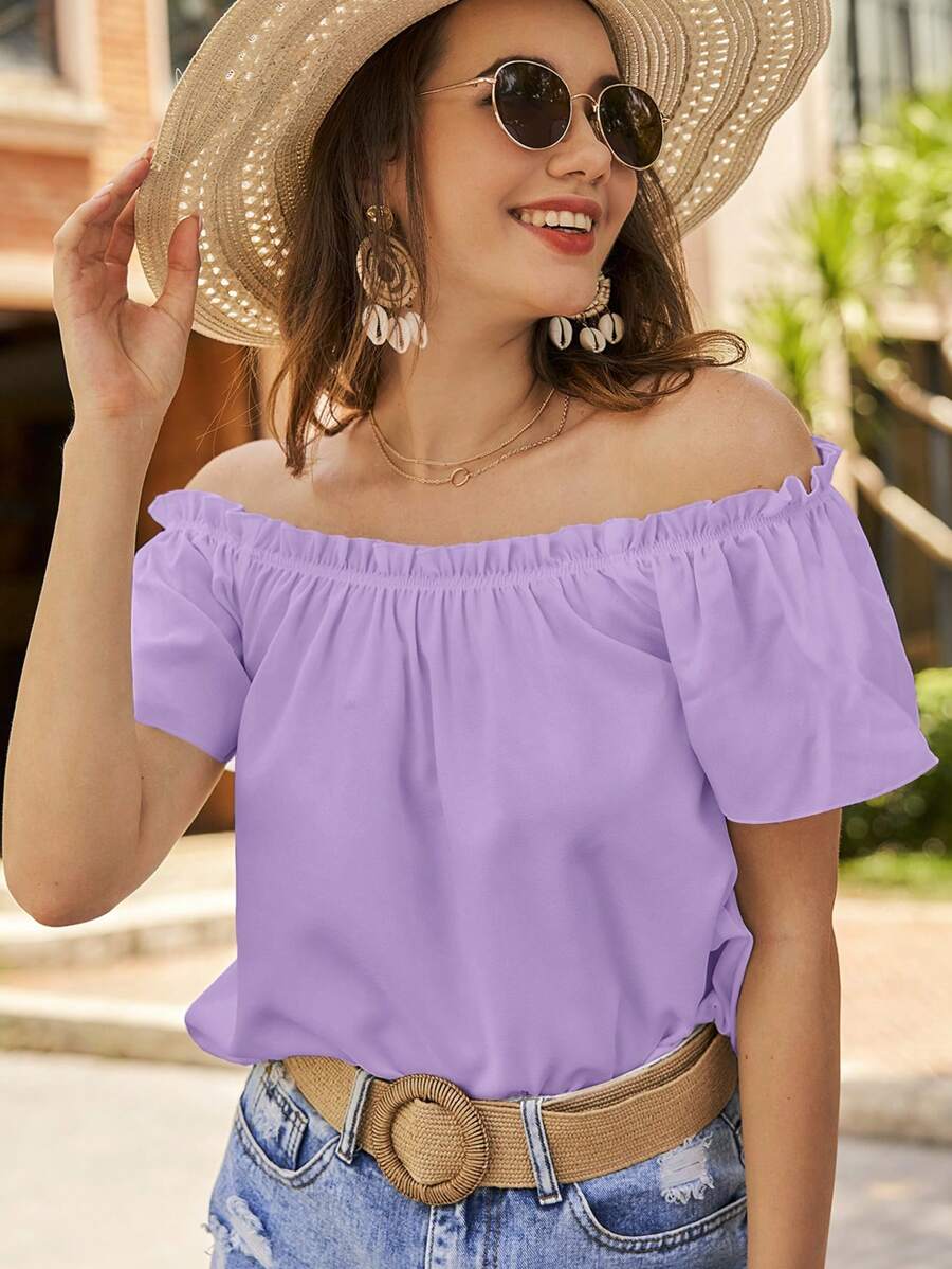 SHEIN VCAY Áo sơ mi nữ viền lá sen màu trơn Giải trí - Màu Lilac Tím - Xem 1