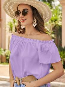 SHEIN VCAY Áo sơ mi nữ viền lá sen màu trơn Giải trí - Màu Lilac Tím - Xem 4