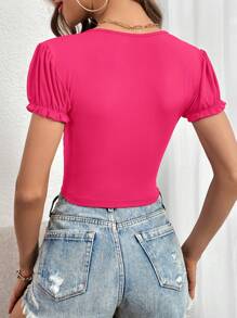 SHEIN Privé Áo thun nữ viền lá sen Xù màu trơn Giải trí - Màu Hồng Tươi - Xem 2