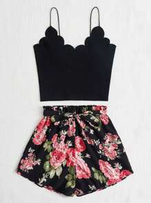 SHEIN VCAY 貝殼邊吊帶上衣和印花紙袋腰前打結短褲 - 黑色 - 查看 4