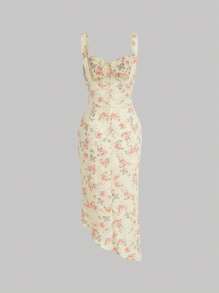 SHEIN MOD 滿版印花褶邊不對稱下擺吊帶連衣裙 - 黃色 - 查看 2