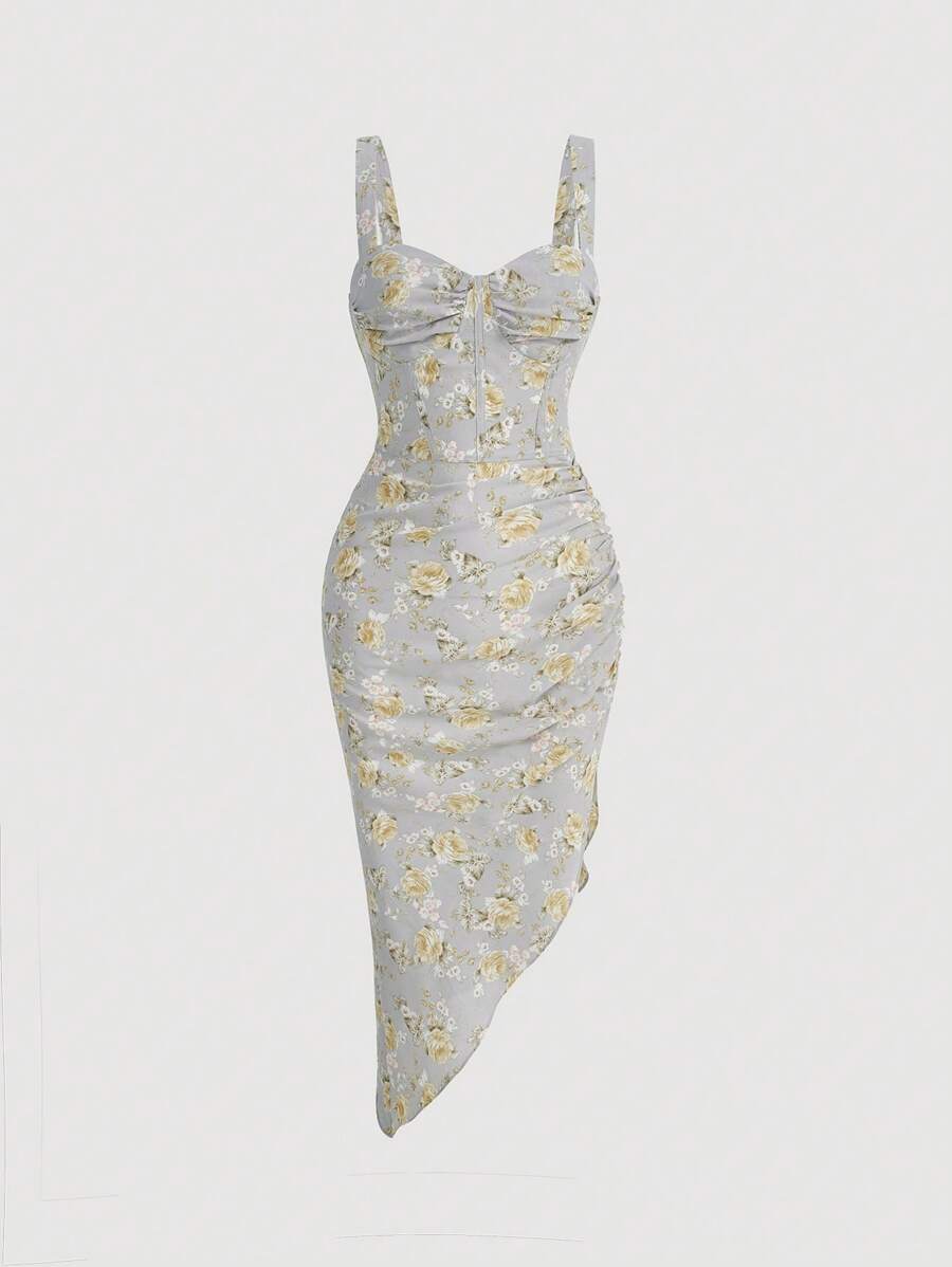 SHEIN MOD Vestido de tirantes con estampado floral pecho con fruncido de muslo con abertura - Multicolor - Ver 1