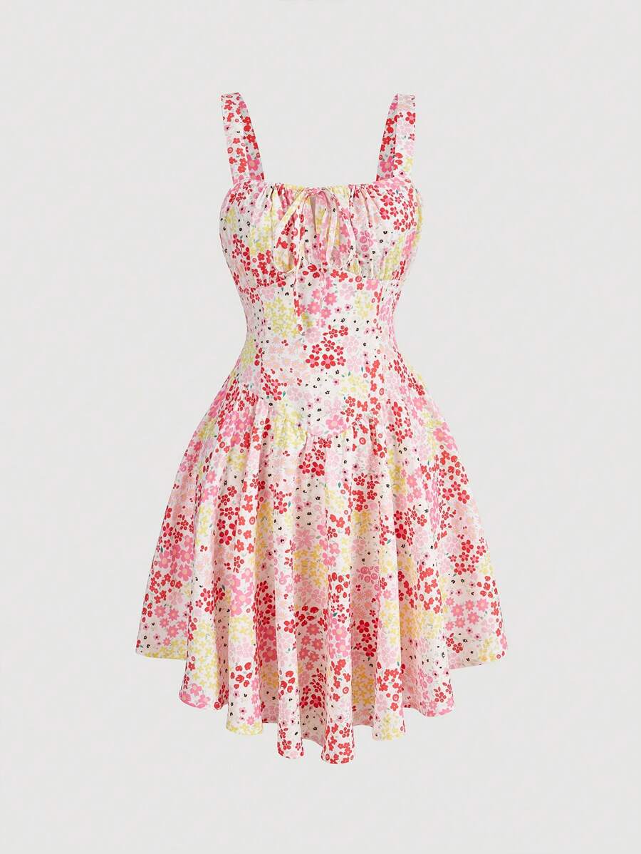 SHEIN MOD Ditsy Floral Print Tie Front Cami Dress - Multicolor - View 1