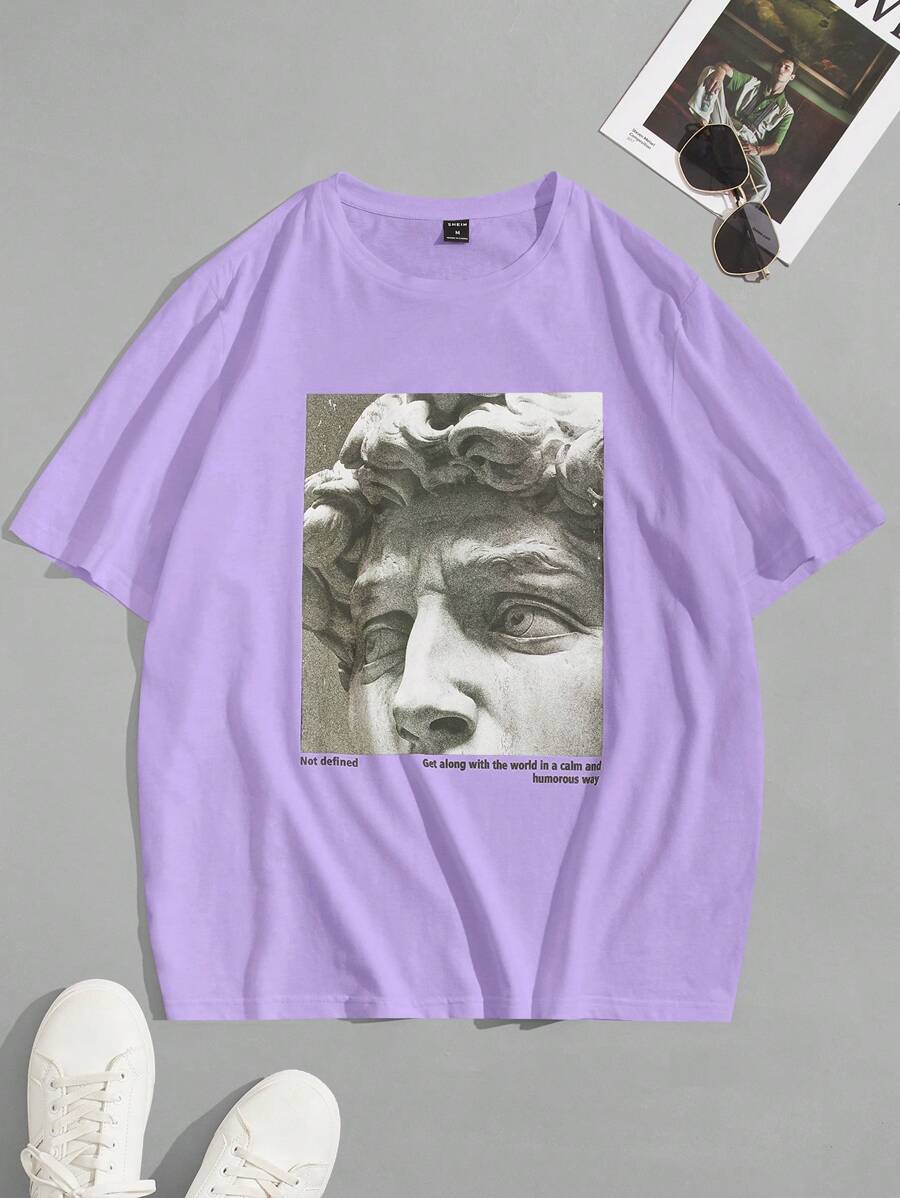 Manfinity VCAY Áo thun tay ngắn cổ tròn in hình chân dung dáng rộng - Màu Lilac Tím - Xem 1