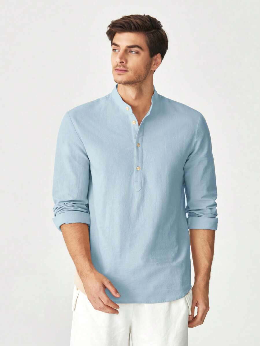 Manfinity VCAY Loose Fit Men's Cotton Half Button Solid Shirt - Baby Blue - View 1