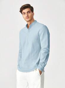 Manfinity VCAY Loose Fit Men's Cotton Half Button Solid Shirt - Baby Blue - View 3