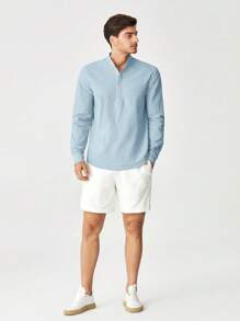Manfinity VCAY Loose Fit Men's Cotton Half Button Solid Shirt - Baby Blue - View 5