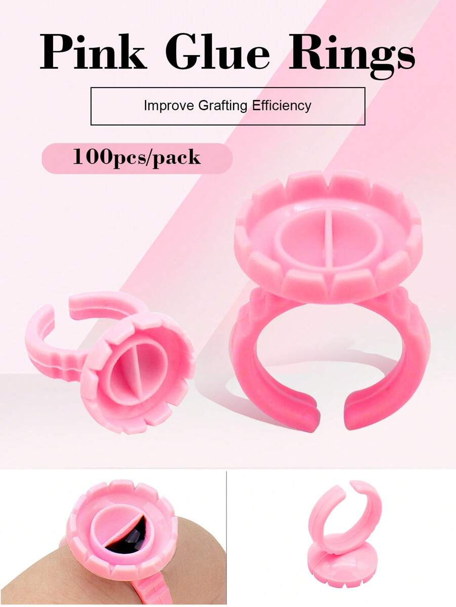 100入組圓形粉色膠杯環一次性卷扇製作工具睫毛延長膠架 - 粉色 - 查看 1