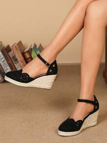 Women Hollow Out Espadrille Ankle Strap Shoes, Vacation Faux Suede Court Wedges - Black - View 1