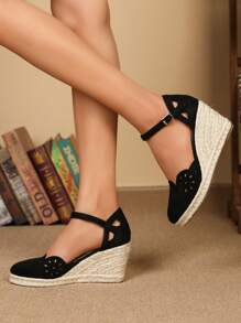 Women Hollow Out Espadrille Ankle Strap Shoes, Vacation Faux Suede Court Wedges - Black - View 5