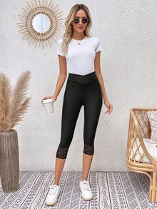 SHEIN LUNE 蕾絲拼接運動打底褲 - 黑色 - 查看 5