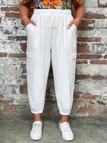 SHEIN LUNE Quần Plus Size Dây kéo Túi màu trơn Giải trí - trắng - Xem 1