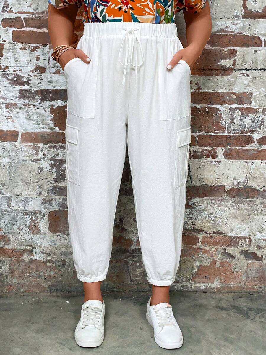 SHEIN LUNE Quần Plus Size Dây kéo Túi màu trơn Giải trí - trắng - Xem 1