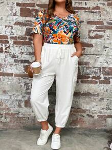 SHEIN LUNE Quần Plus Size Dây kéo Túi màu trơn Giải trí - trắng - Xem 3