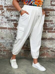 SHEIN LUNE Quần Plus Size Dây kéo Túi màu trơn Giải trí - trắng - Xem 5