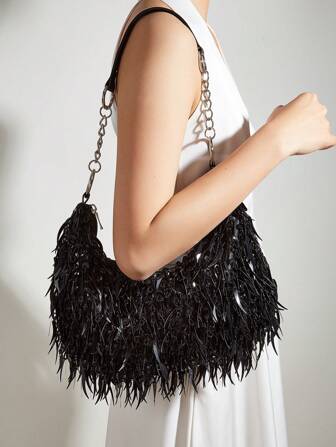 Glamorous, Elegant, Exquisite, Quiet Luxury Sequin, Stylish, Luxury, Shiny Beaded Hobo Bag Medium Zipper Black, Perfect Bride Purse For Wedding, Prom & Party Events Evening Bag, Dinner Bag For Party Girl, Woman