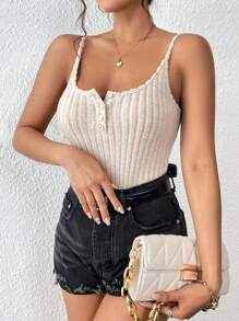 SHEIN Frenchy Half Button Cami Top Summer Brown Casual