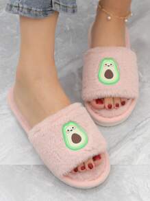 女士酪梨刺繡毛茸茸家庭學院室內臥室拖鞋 - 藕粉色 - 查看 3
