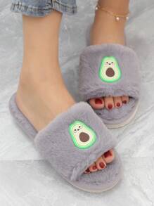 女士酪梨裝飾毛茸茸家庭學院室內臥室拖鞋 - 灰色 - 查看 3