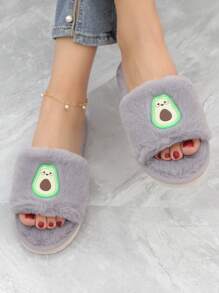 女士酪梨裝飾毛茸茸家庭學院室內臥室拖鞋 - 灰色 - 查看 5
