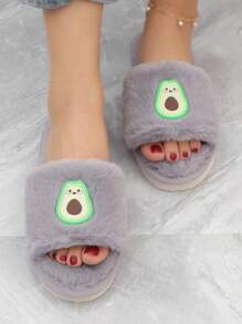 女士酪梨裝飾毛茸茸家庭學院室內臥室拖鞋 - 灰色 - 查看 6