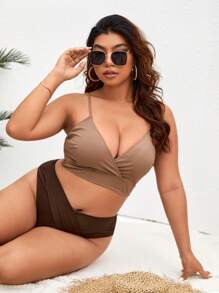 SHEIN Swim Curve Plus Size Chi tiết quấn Bikini Set Bãi biển mùa hè - màu nâu - Xem 3