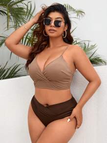 SHEIN Swim Curve Plus Size Chi tiết quấn Bikini Set Bãi biển mùa hè - màu nâu - Xem 5