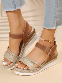 Women Buckle Decor Sandals, Vacation Linen Wedge Sandals - Beige - View 2