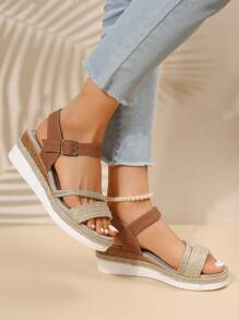 Women Buckle Decor Sandals, Vacation Linen Wedge Sandals - Beige - View 3