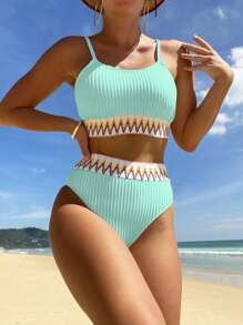 SHEIN Swim Summer Beach Chevron Tape High Waisted Bikini Set - Mint Green - View 1