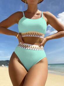SHEIN Swim Summer Beach Chevron Tape High Waisted Bikini Set - Mint Green - View 3