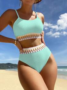 SHEIN Swim Summer Beach Chevron Tape High Waisted Bikini Set - Mint Green - View 4