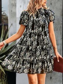 SHEIN Clasi Đầm viền lá sen Viên lá sen Họa tiết hoa Boho - màu đen - Xem 4