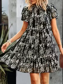 SHEIN Clasi Đầm viền lá sen Viên lá sen Họa tiết hoa Boho - màu đen - Xem 5