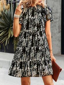 SHEIN Clasi Đầm viền lá sen Viên lá sen Họa tiết hoa Boho - màu đen - Xem 6