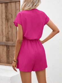 Breezaya Áo liền quần nữ Thắt nút Nút phía trước màu trơn Giải trí - Màu Hồng Tươi - Xem 2