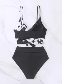 Swim Mod Summer Beach Cow Print Wrap Bikini Set, Vacation Bikini - Black and White - View 3