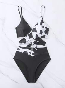 Swim Mod Summer Beach Cow Print Wrap Bikini Set, Vacation Bikini - Black and White - View 4
