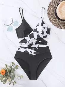 Swim Mod Summer Beach Cow Print Wrap Bikini Set, Vacation Bikini - Black and White - View 5
